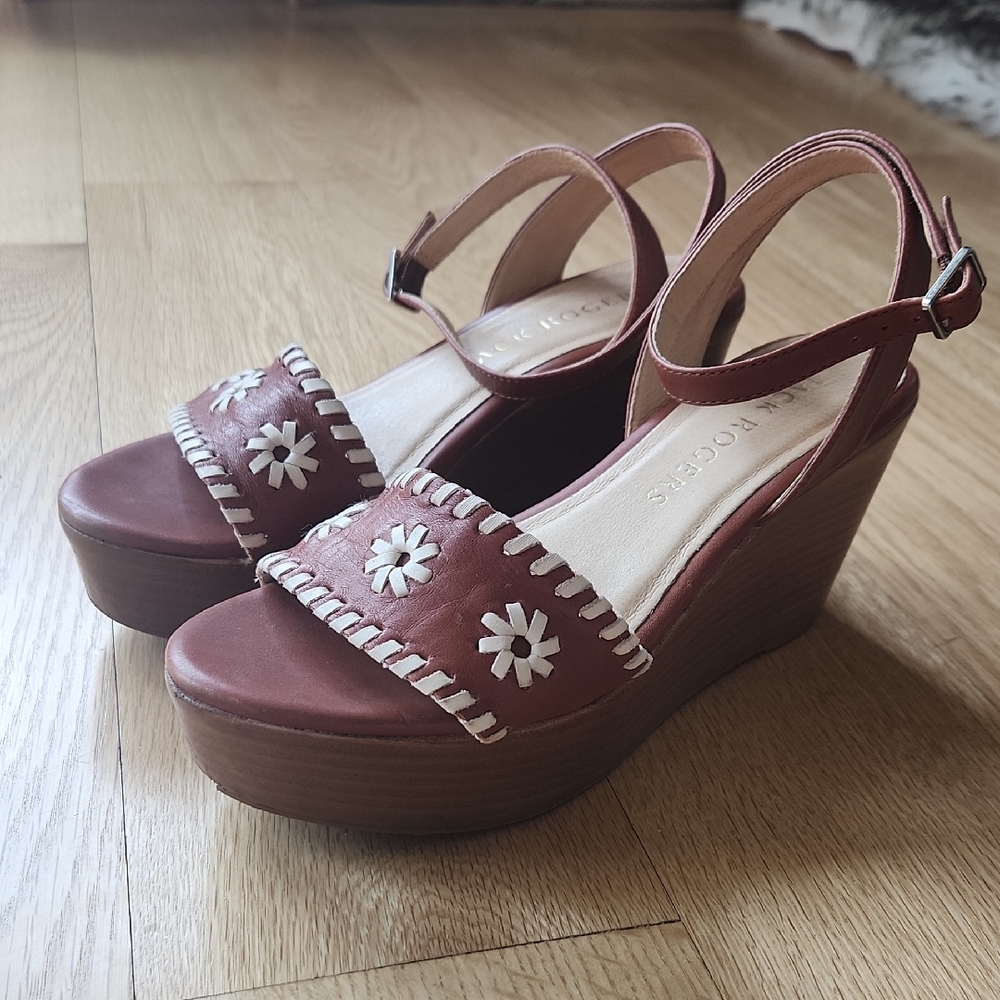 Jack Rogers Ferry Whipstitch Wood Platform Wedge Sandals